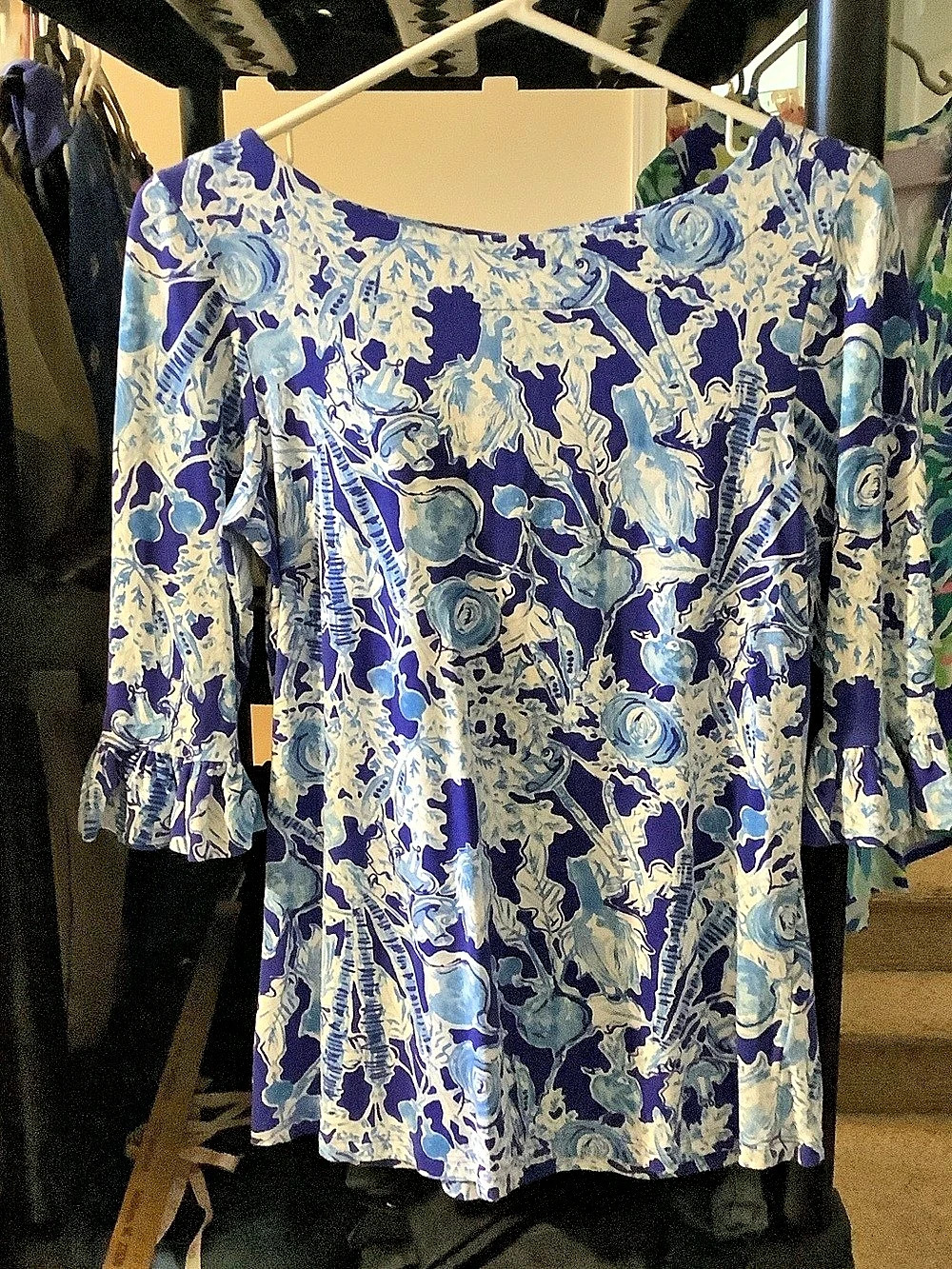 Lilly Pulitzer Waverly Top Floral Blouse Blue & White Small